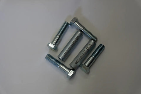 Five Dumbbell Standard 1 Handle Screwable Pair bolts by Weight It Out are arranged on a white surface in a square with one in the center, which has WEIGHT IT OUT engraved and serves as an Olympic plate adapter.