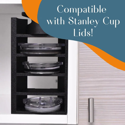 A Chatelet Manufacturing Lid Organizer keeps up to 5 Stanley Cup lids neatly stored with straws inside a cabinet or on the counter. Made in the USA, its perfect for stylish and compatible lid storage.