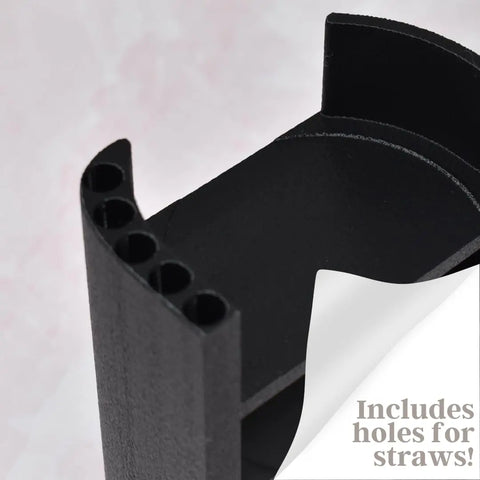 A close-up of the Chatelet Manufacturing Lid Organizer for Stanley Cup lids shows six straw holes, set on a light background. A white corner peels back to reveal “Includes holes for straws!” in the lower right. Made in USA.