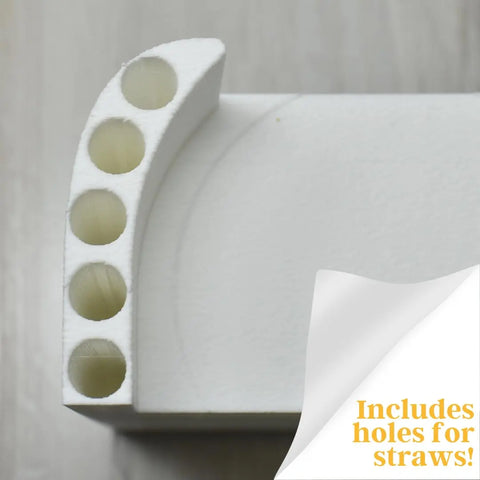 The Chatelet Manufacturing Lid Organizer Compatible With Stanley Cup Lids neatly holds 5 lids and includes straw storage, ideal for your cabinet or kitchen counter. Includes holes for straws! appears in yellow on a curled bottom corner. Made in USA.