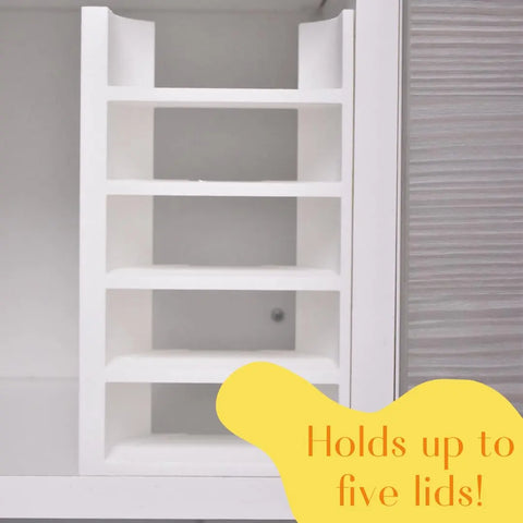 Chatelet Manufacturing Lid Organizer holds up to 5 Stanley Cup lids and straws in cabinets or on counters. Made in USA, this white organizer keeps your kitchen tidy.