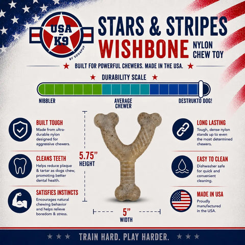 Stars and Stripes Nylon Wishbone Dog Toy – Durable Chew Toy for Powerful Jaws 6.25 Inch | Made in USA SodaPup  Nylon Dog Toys