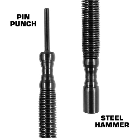 Close-up of the Hammerless Impact Technology Door Hinge Pin Remover & Installer (Steel), featuring a grooved handle for grip and a long, narrow tip designed to easily remove or install door hinge pins.