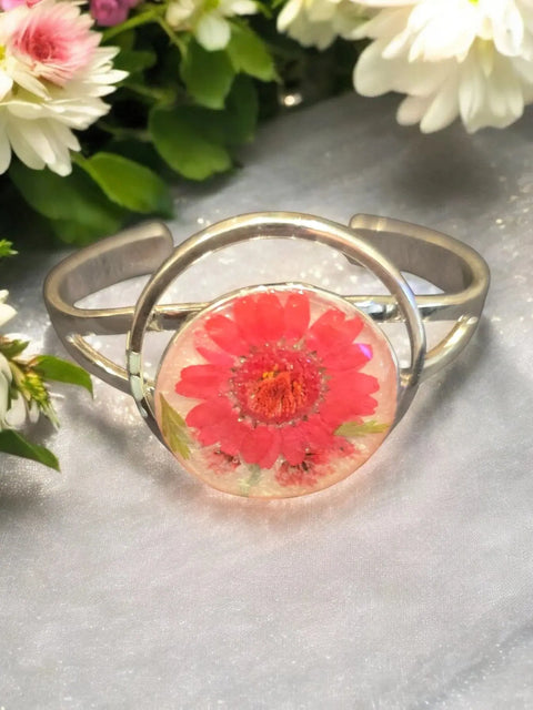 Sterling Plated Open Circle Cuff Bracelet With Pressed Flower Resin Inlay | Made in USA Michelle Marie Boutique  Bracelets