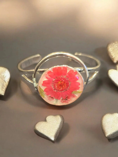 Sterling Plated Open Circle Cuff Bracelet With Pressed Flower Resin Inlay | Made in USA Michelle Marie Boutique  Bracelets