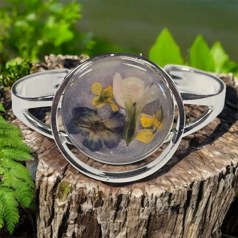 Sterling Plated Open Circle Cuff Bracelet With Pressed Flower Resin Inlay | Made in USA Michelle Marie Boutique  Bracelets