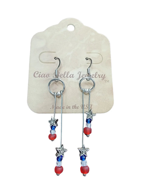 Sterling Silver 2.5 Inch Patriotic Star Drop Earrings – Red White Blue Beads | Handmade in USA Michelle Marie Boutique  Earrings