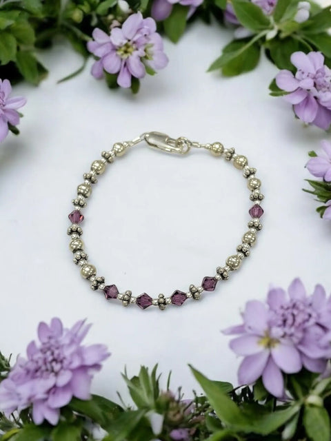 Sterling Silver Birthstone Bracelet With Amethyst Aquamarine Pink Crystals – Adjustable 7.25 Inch | Made in USA Michelle Marie Boutique  Bracelets