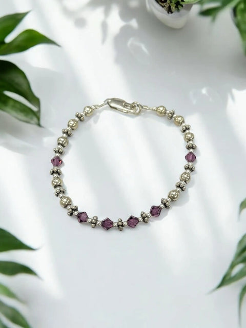 Sterling Silver Birthstone Bracelet With Amethyst Aquamarine Pink Crystals – Adjustable 7.25 Inch | Made in USA Michelle Marie Boutique  Bracelets