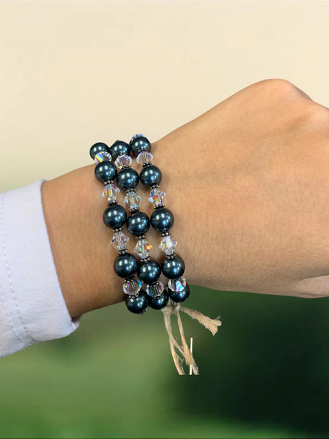 Sterling Silver Black Pearl Bracelet With Crystals – 7.25 Inch Adjustable Chain | Made In USA Elegant Jewelry Gift Michelle Marie Boutique  Bracelet