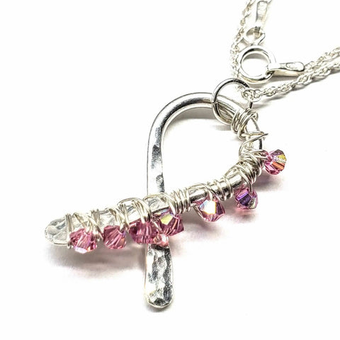 Sterling Silver Breast Cancer Awareness Ribbon Necklace – Handcrafted 12 Gauge Crystal Pendant | Made in USA Alexa Martha Designs  Necklace