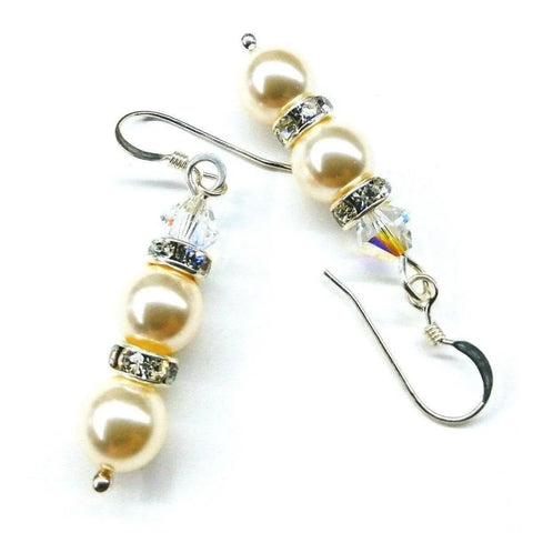 The Bridal Sterling Silver Stacked Crystal and Pearl Earrings by Alexa Martha Designs feature Swarovski cream pearls, a crystal bead, and rhinestone ring on silver hooks—an elegant bridesmaid gift or stunning bridal accessory.