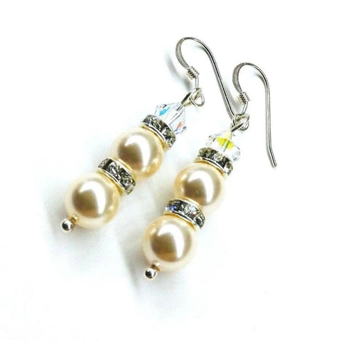 Alexa Martha Designs Bridal Sterling Silver Stacked Crystal and Pearl Earrings feature two cream pearls, clear crystals, and silver spacer rings on silver hooks—ideal for bridesmaids or bridal elegance.