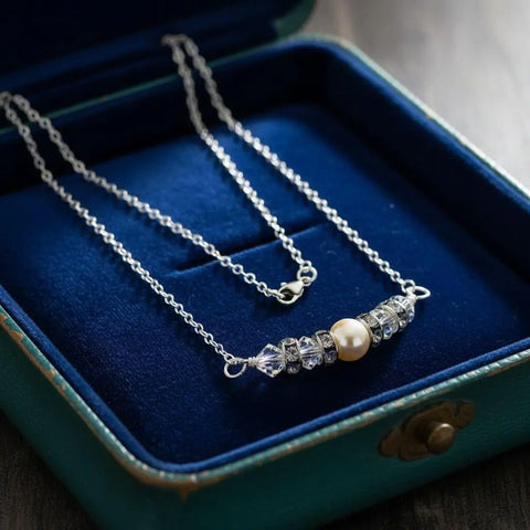 Sterling Silver Bridal Pearl Necklace – Swarovski Crystal Bar Design | Made in USA Alexa Martha Designs  Necklace