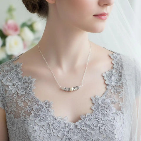 Sterling Silver Bridal Pearl Necklace – Swarovski Crystal Bar Design | Made in USA Alexa Martha Designs  Necklace