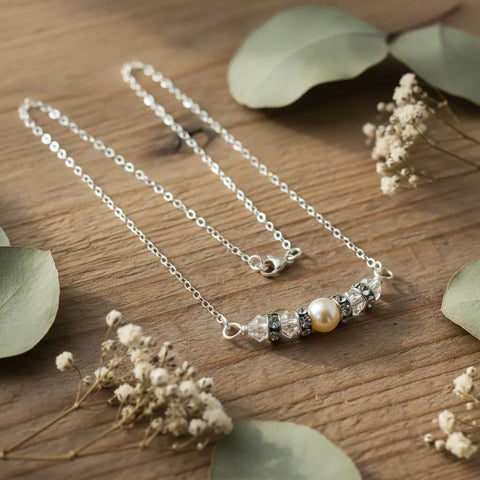 Sterling Silver Bridal Pearl Necklace – Swarovski Crystal Bar Design | Made in USA Alexa Martha Designs  Necklace