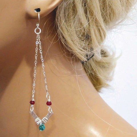 Sterling Silver Chevron Dangle Earrings – Hot Pink Green Gemstones | Made in USA Alexa Martha Designs  Earrings
