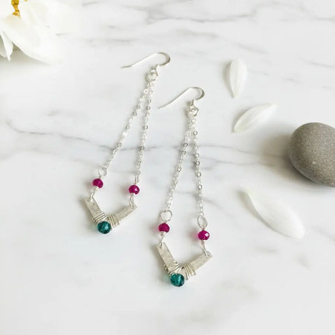 Sterling Silver Chevron Dangle Earrings – Hot Pink Green Gemstones | Made in USA Alexa Martha Designs  Earrings