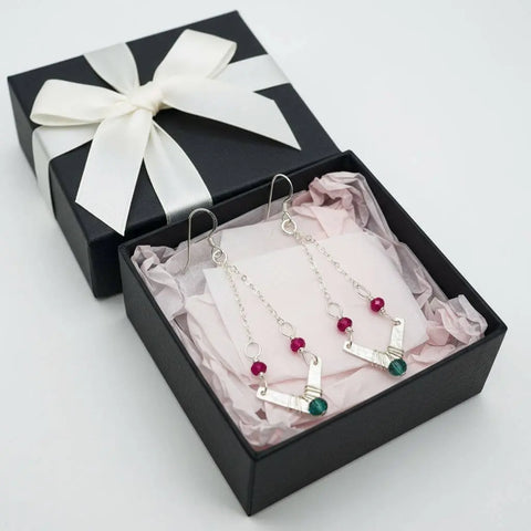 Sterling Silver Chevron Dangle Earrings – Hot Pink Green Gemstones | Made in USA Alexa Martha Designs  Earrings