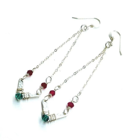 Alexa Martha Designs Sterling Silver Chevron Earrings feature hot pink and green gemstones, wire wrapping, and angled metal bars for a striking handcrafted look.