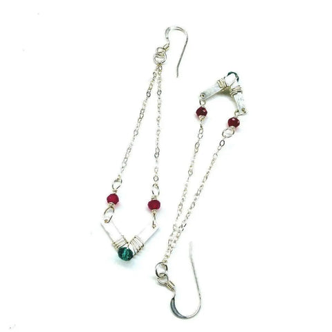 The Sterling Silver Chevron Hot Pink Green Gemstone Earrings by Alexa Martha Designs are handcrafted with asymmetrical wire-wrapped designs, featuring hot pink and green gemstones and hook closures, displayed on a white background.