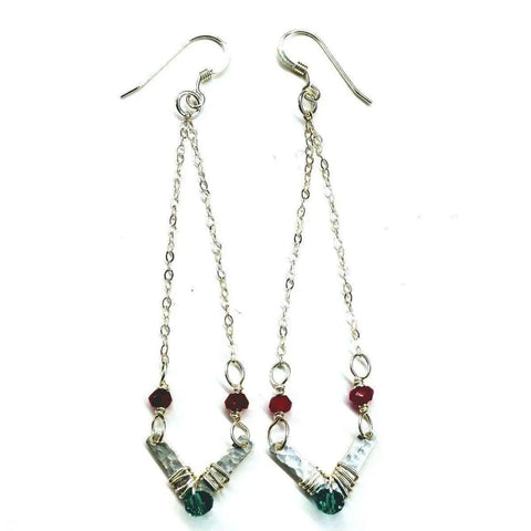 Alexa Martha Designs Sterling Silver Chevron Hot Pink Green Gemstone Earrings feature handcrafted silver chains, hot pink and green beads, and V-shaped wire accents—perfect for adding a festive pop to any outfit.