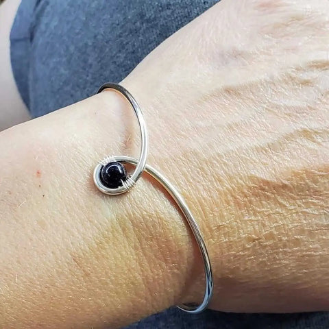 Sterling Silver Child Abuse Awareness Teardrop Bangle – Blue Bead Accent | Made in USA Alexa Martha Designs  Bracelet/Bangle