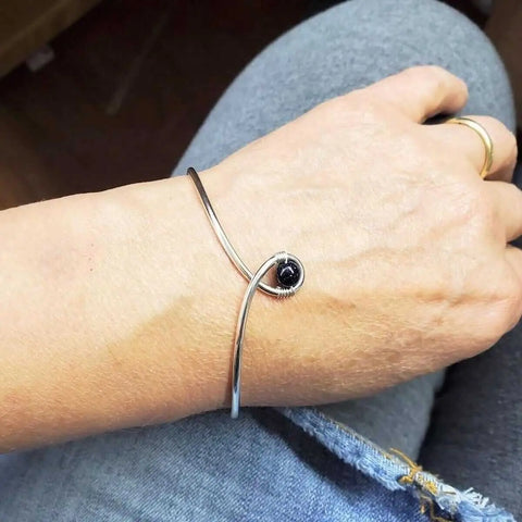 Sterling Silver Child Abuse Awareness Teardrop Bangle – Blue Bead Accent | Made in USA Alexa Martha Designs  Bracelet/Bangle