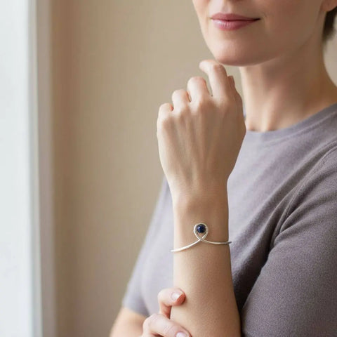 Sterling Silver Child Abuse Awareness Teardrop Bangle – Blue Bead Accent | Made in USA Alexa Martha Designs  Bracelet/Bangle