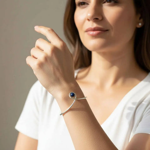 Sterling Silver Child Abuse Awareness Teardrop Bangle – Blue Bead Accent | Made in USA Alexa Martha Designs  Bracelet/Bangle