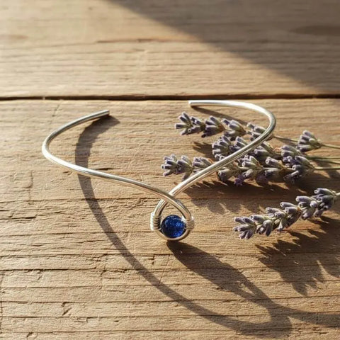 Sterling Silver Child Abuse Awareness Teardrop Bangle – Blue Bead Accent | Made in USA Alexa Martha Designs  Bracelet/Bangle