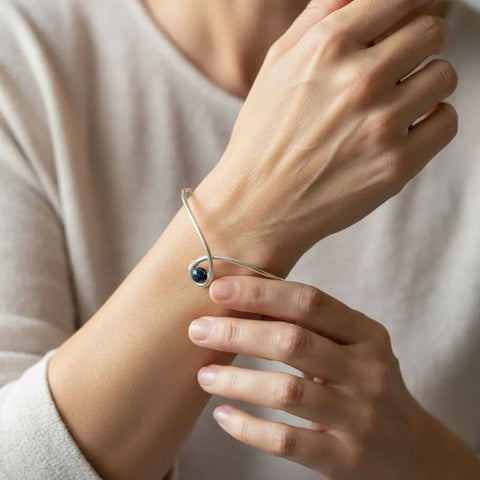 Sterling Silver Child Abuse Awareness Teardrop Bangle – Blue Bead Accent | Made in USA Alexa Martha Designs  Bracelet/Bangle
