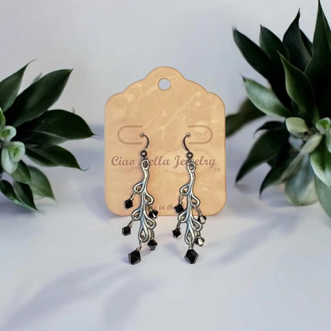 Sterling Silver Dangle Earrings with Black Crystal Accents – Art Nouveau Peacock Feather Design | Made in USA Michelle Marie Boutique  Earrings