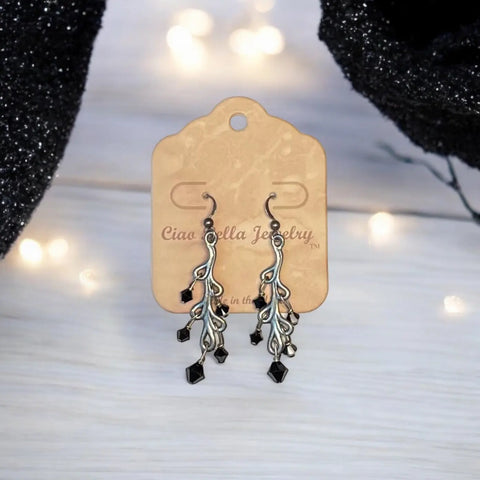 Sterling Silver Dangle Earrings with Black Crystal Accents – Art Nouveau Peacock Feather Design | Made in USA Michelle Marie Boutique  Earrings