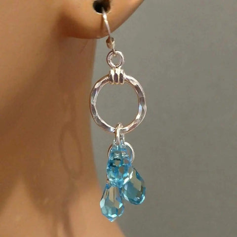 Sterling Silver Hammered Aqua Crystal Drop Earrings – Handcrafted Jewelry | Made in USA Alexa Martha Designs  Earrings