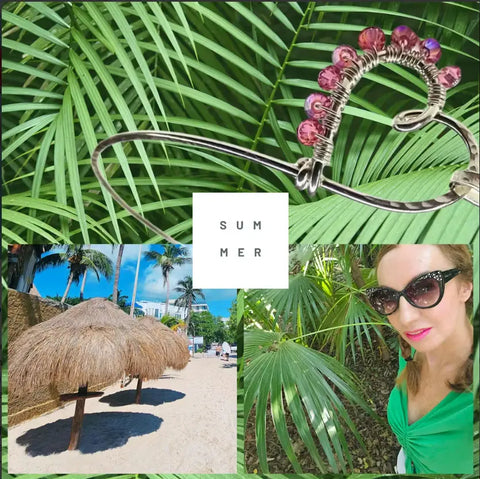 A collage features palm leaves, thatched beach umbrellas, a woman in sunglasses and green top, “SUMMER” in the center, and Alexa Martha Designs’ Wire Wrapped Pink Crystal Heart Bangle.