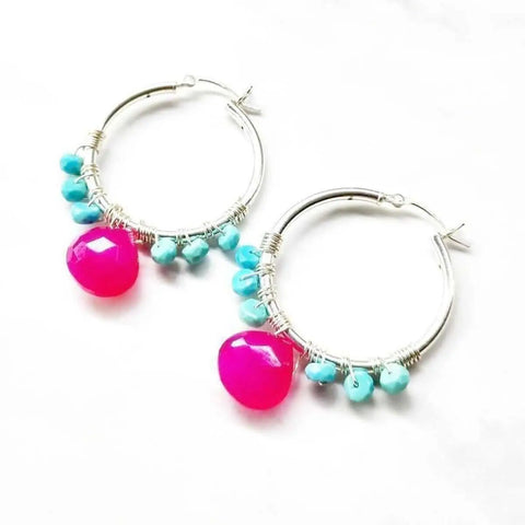 Sterling Silver Hoop Earrings With Pink Agate And Sleeping Beauty Turquoise – Medium Size | Made in USA Alexa Martha Designs  Hoop Earrings