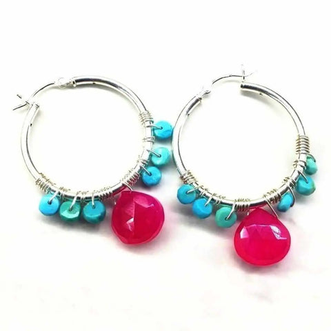 Sterling Silver Hoop Earrings With Pink Agate And Sleeping Beauty Turquoise – Medium Size | Made in USA Alexa Martha Designs  Hoop Earrings