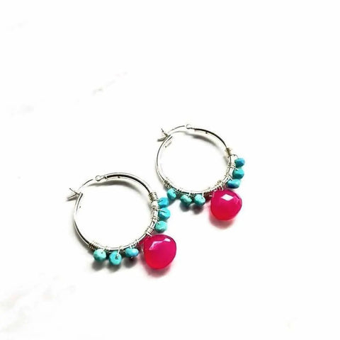 Sterling Silver Hoop Earrings With Pink Agate And Sleeping Beauty Turquoise – Medium Size | Made in USA Alexa Martha Designs  Hoop Earrings