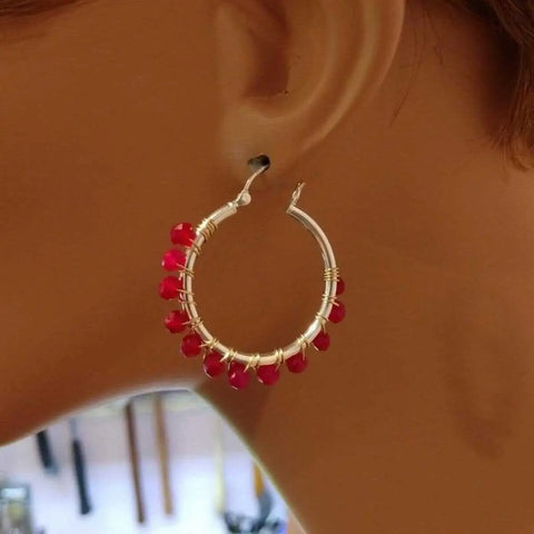 Sterling Silver Hoop Earrings – Hot Pink Chalcedony Gemstones Wire Wrapped | Handmade in USA Alexa Martha Designs  Hoop Earrings