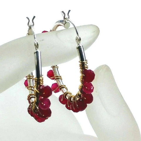 Sterling Silver Hoop Earrings – Hot Pink Chalcedony Gemstones Wire Wrapped | Handmade in USA Alexa Martha Designs  Hoop Earrings