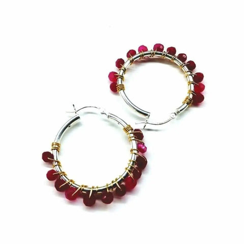 Sterling Silver Hoop Earrings – Hot Pink Chalcedony Gemstones Wire Wrapped | Handmade in USA Alexa Martha Designs  Hoop Earrings