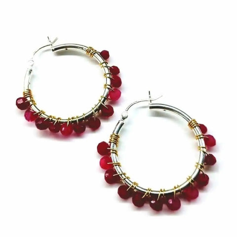 Sterling Silver Hoop Earrings – Hot Pink Chalcedony Gemstones Wire Wrapped | Handmade in USA Alexa Martha Designs  Hoop Earrings
