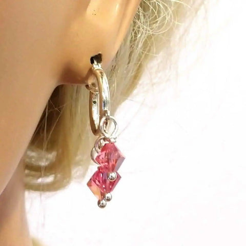 Sterling Silver Hoop Earrings – Mini Pink Swarovski Crystal Dangle | Made in USA Alexa Martha Designs  Earrings