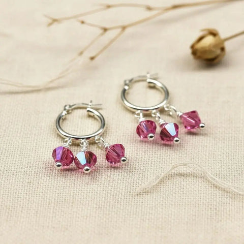 Sterling Silver Hoop Earrings – Mini Pink Swarovski Crystal Dangle | Made in USA Alexa Martha Designs  Earrings