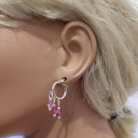 Sterling Silver Hoop Earrings – Mini Pink Swarovski Crystal Dangle | Made in USA Alexa Martha Designs  Earrings