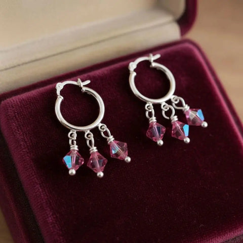 Sterling Silver Hoop Earrings – Mini Pink Swarovski Crystal Dangle | Made in USA Alexa Martha Designs  Earrings