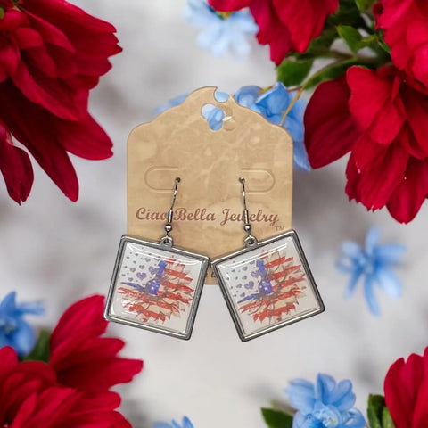 Sterling Silver Patriotic Sunflower Earrings – Red White Blue Resin Finish | Made in USA Michelle Marie Boutique  Earrings