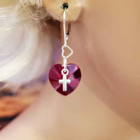 Sterling Silver Red Swarovski Heart Earrings – Religious Crystal Jewelry | Made in USA Alexa Martha Designs  Earrings