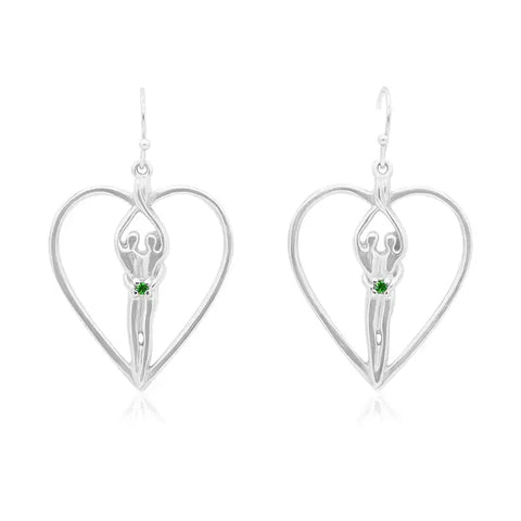 Sterling Silver Soulmate Heart Earrings – 1 Inch Drop – Emerald CZ Accent | Made in USA Symbol of Love Jewelry